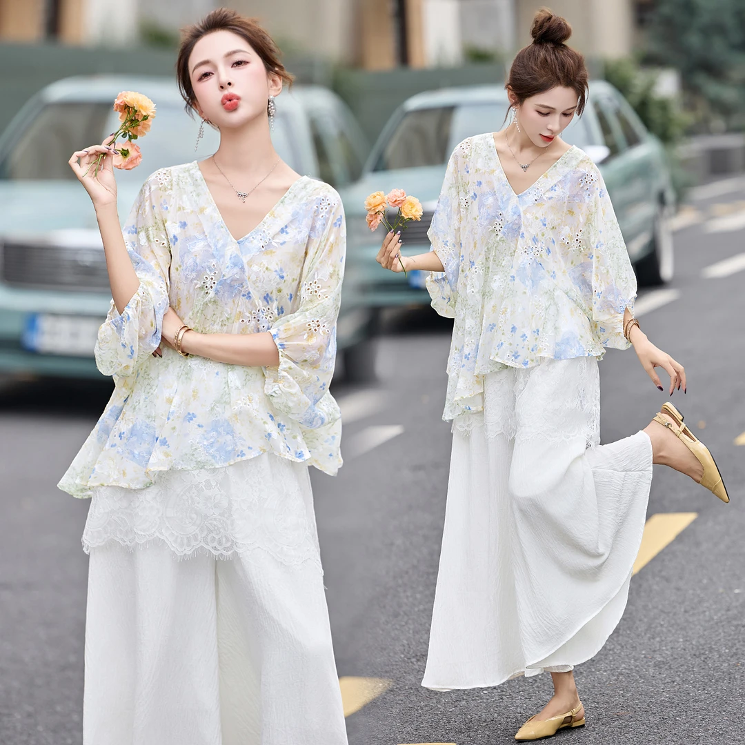 蕾丝拼接刺绣套装女2025年夏季新款设计感不规则上衣阔腿裤两件套
