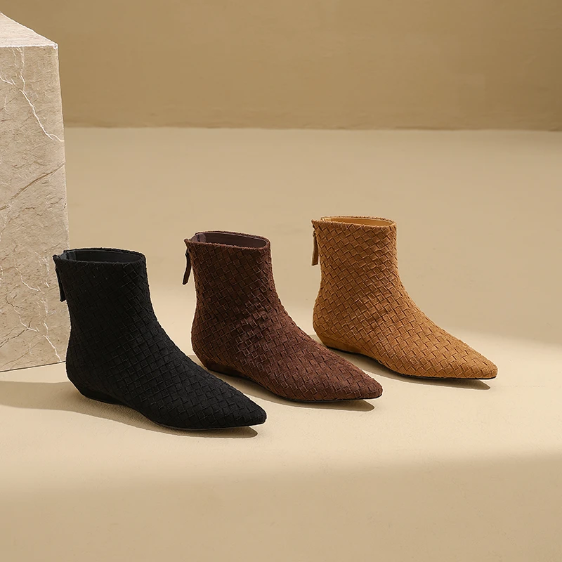 AMEINOR2025秋冬季新款尖头编织质感舒适时尚低跟女士短靴0130