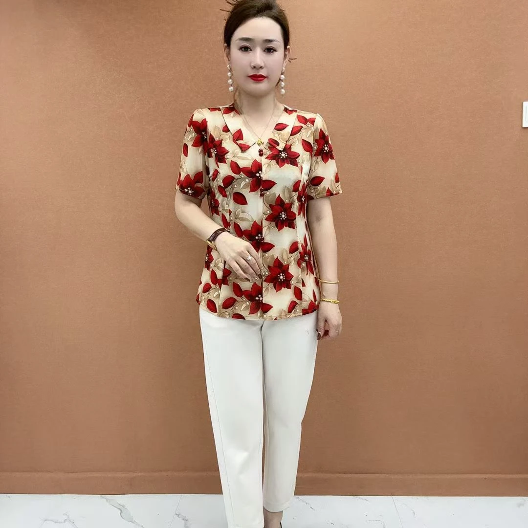 2025年新款时尚妈妈装夏季短袖T恤大码减龄显瘦遮肚子印花小衫女