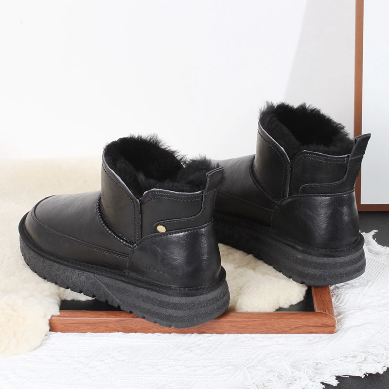 防水牛皮+内里全羊毛！ZZ-8812 男士百搭短筒雪地靴黑色保暖短靴