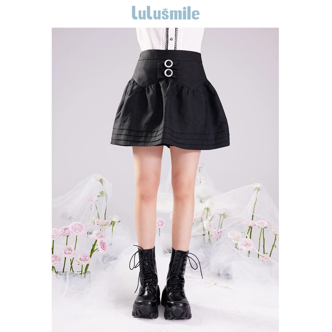 lulusmile【商场同款】黑色蝴蝶结半裙少女甜酷高腰设计蓬蓬短裙