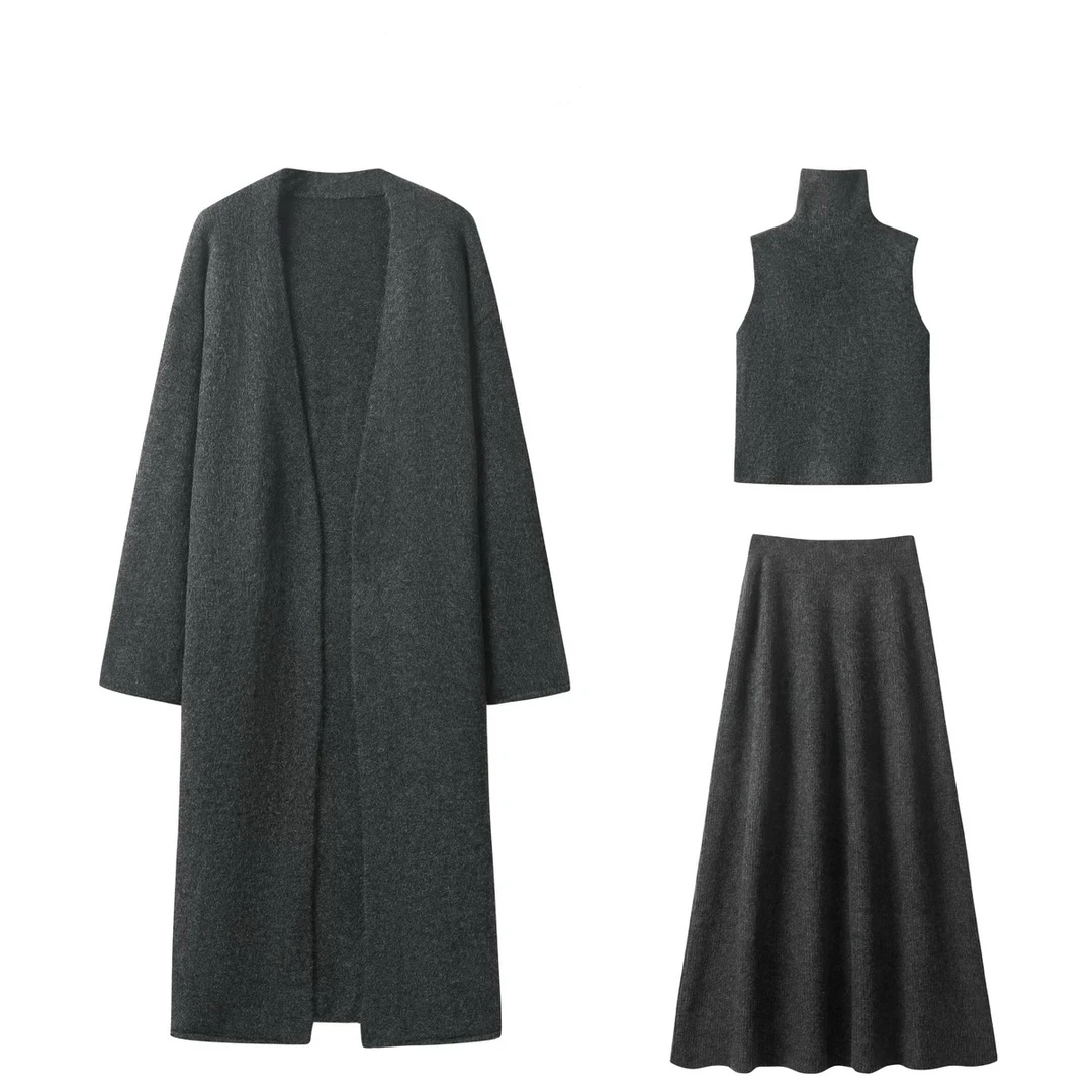 MT DISTORTION法式秋冬长款毛衣外套半身裙套装针织开衫三件套