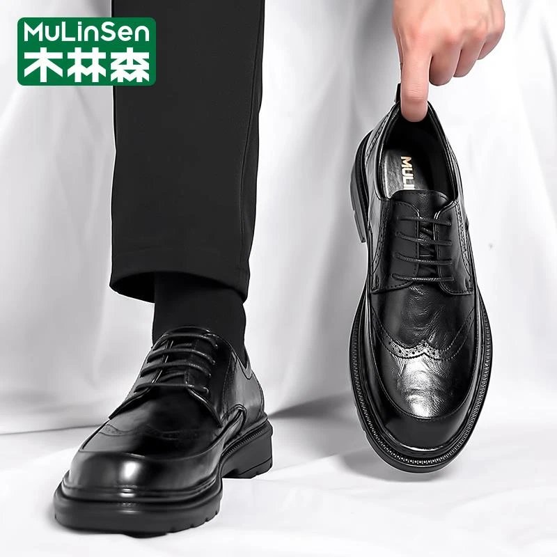木林森皮鞋男秋季商务英伦正装休闲尖头工装马丁德比黑色厚底潮鞋