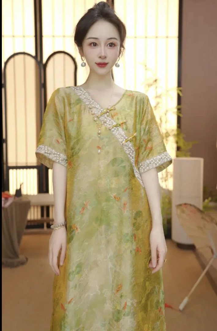 【西江月】新中式套头斜襟复古绣花暗纹提花中国风夏季时尚098