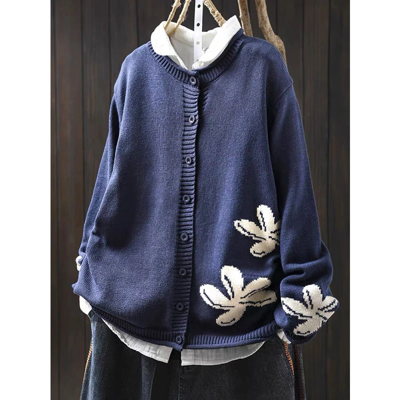 果然 复古印花棉线针织开衫女短外套毛衣2025新款高级感上衣外搭