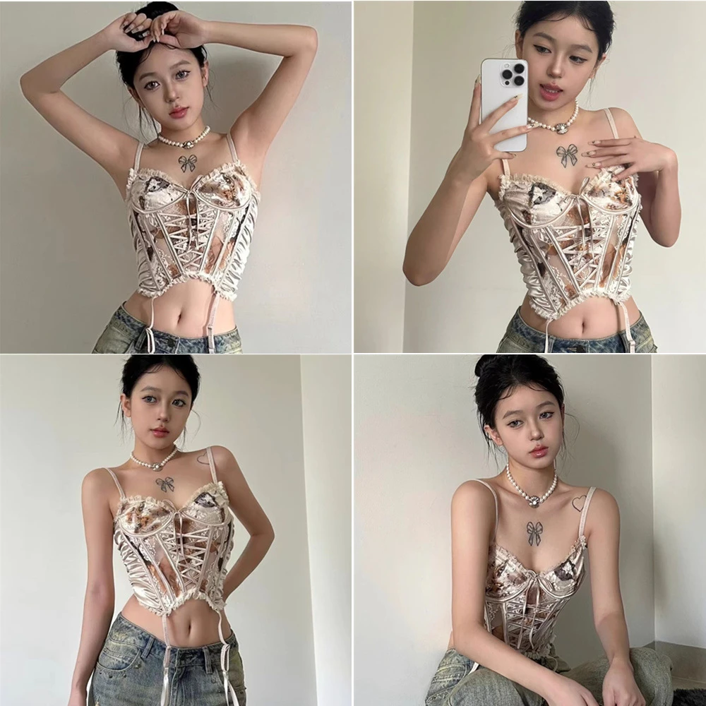 网纱鱼骨吊带小背心女装夏季收腰紧身短款甜辣妹性感上衣外穿363