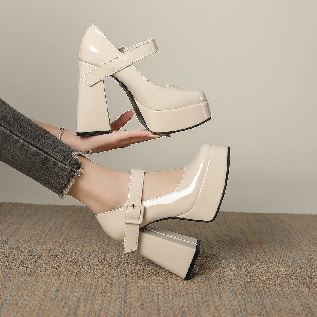 方头玛丽珍女鞋2023年春季新款黑色鞋子粗跟单鞋女气质复古高跟鞋