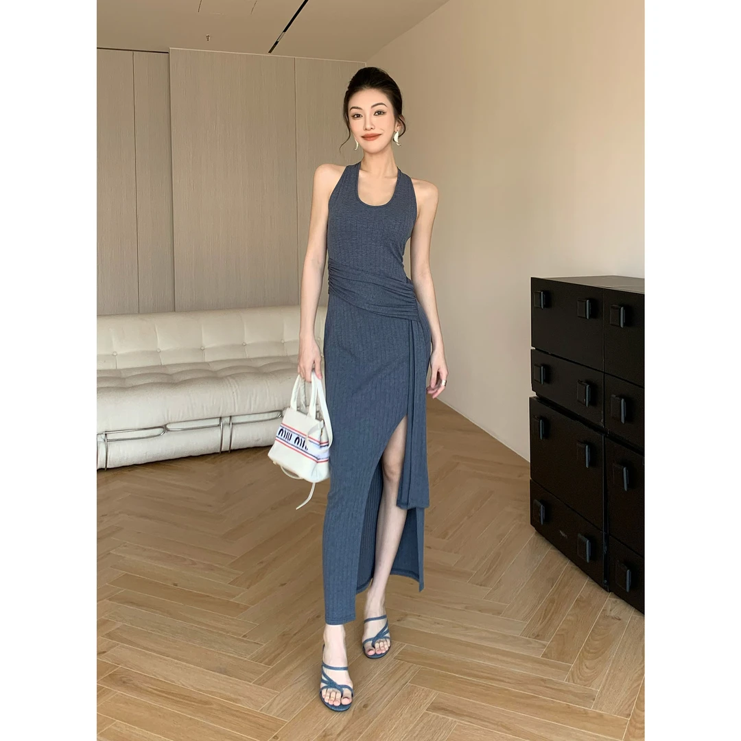 JIJINQI时尚气质夏季辣妹风无袖打底修身开叉连衣裙女JD02LZPT937