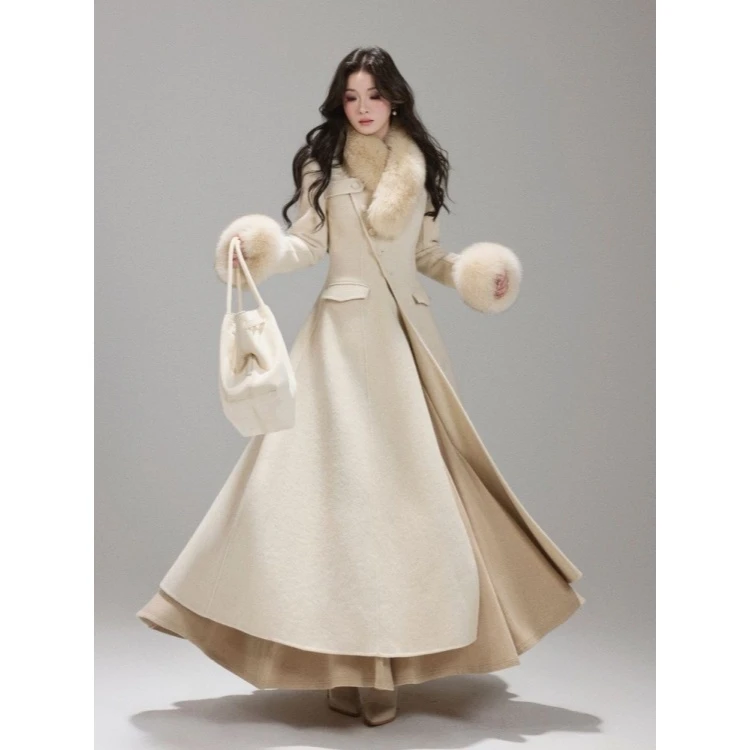 乖乖大小姐 环保毛大毛领温柔气质千金长款收腰毛呢大衣法式显瘦