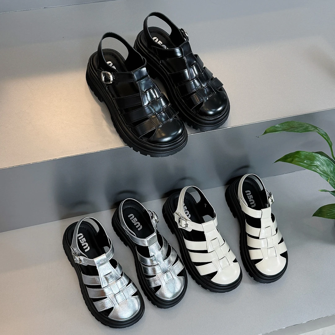 新款夏季增高厚底罗马凉鞋女镂空包头软底时尚百搭猪笼鞋