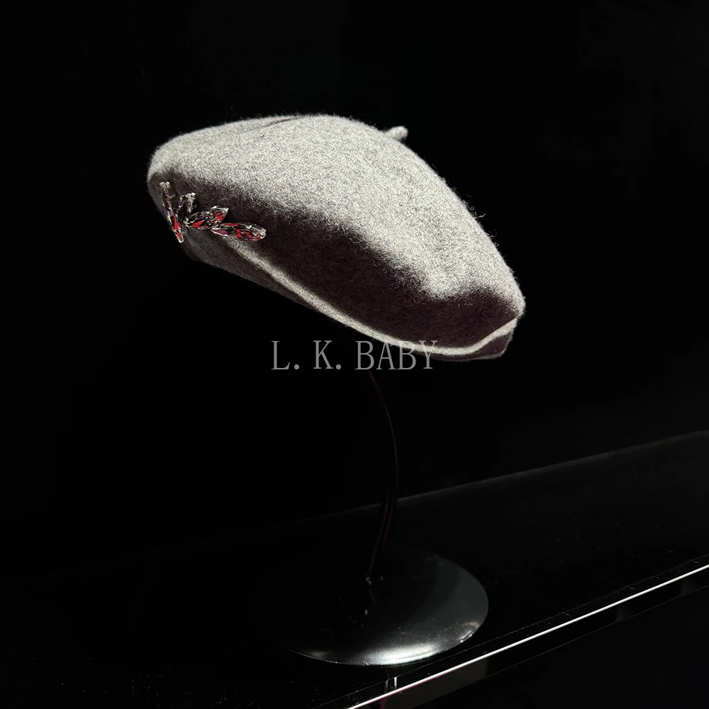 【L.K.BABY】时髦气质毛绒麦穗水钻毛呢贝雷帽韩版