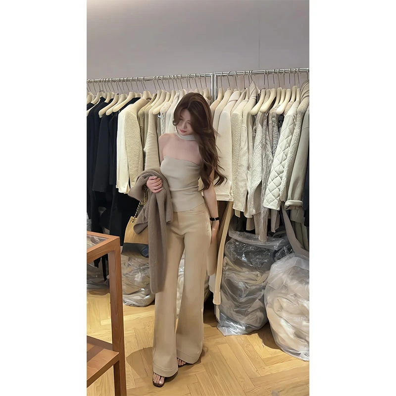 法式chic小性感修身显瘦百搭挂脖露肩抹胸针织背心女显瘦百搭裤子