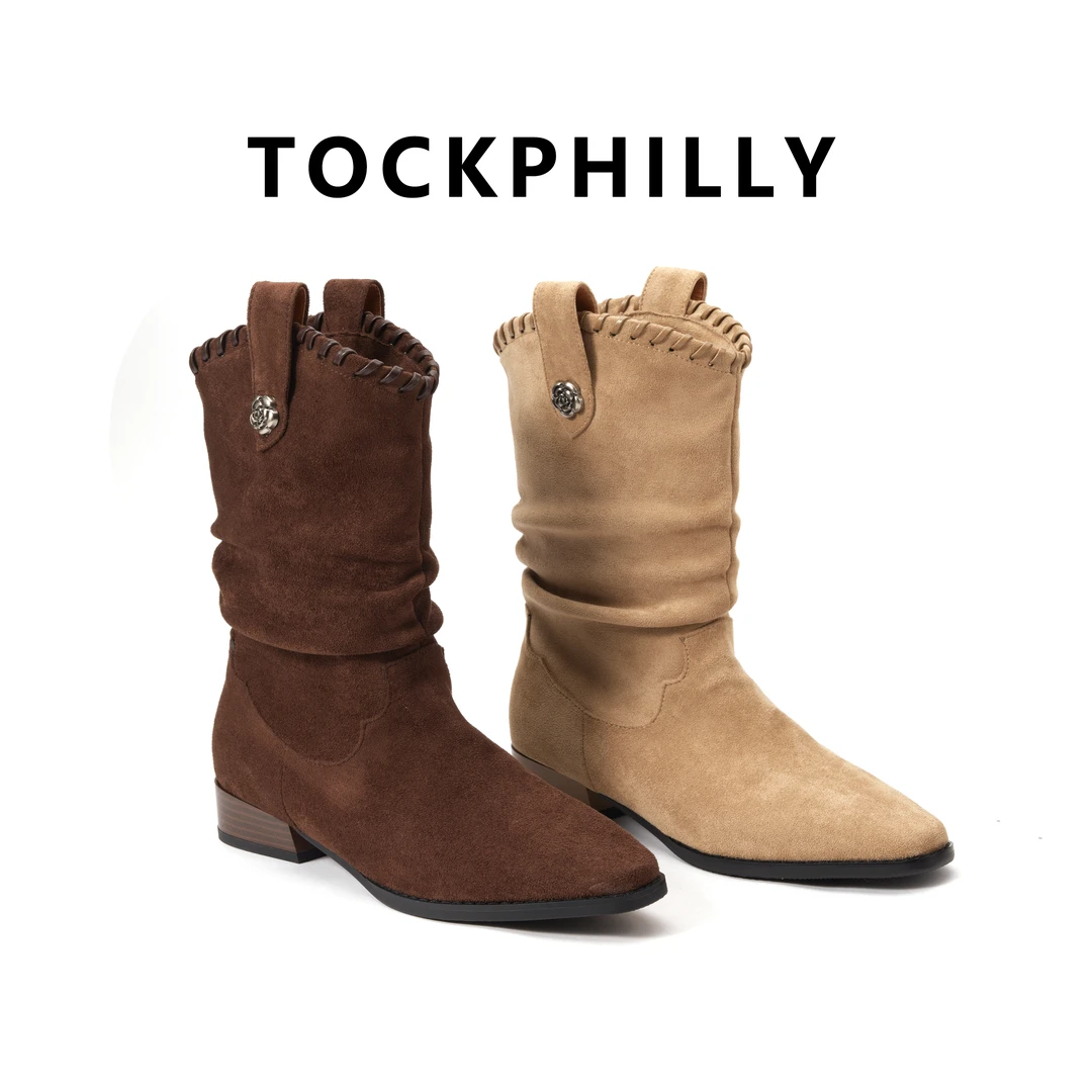 防滑粗跟短靴复古牛仔靴高筒靴尖头女靴时装靴时尚EM35076