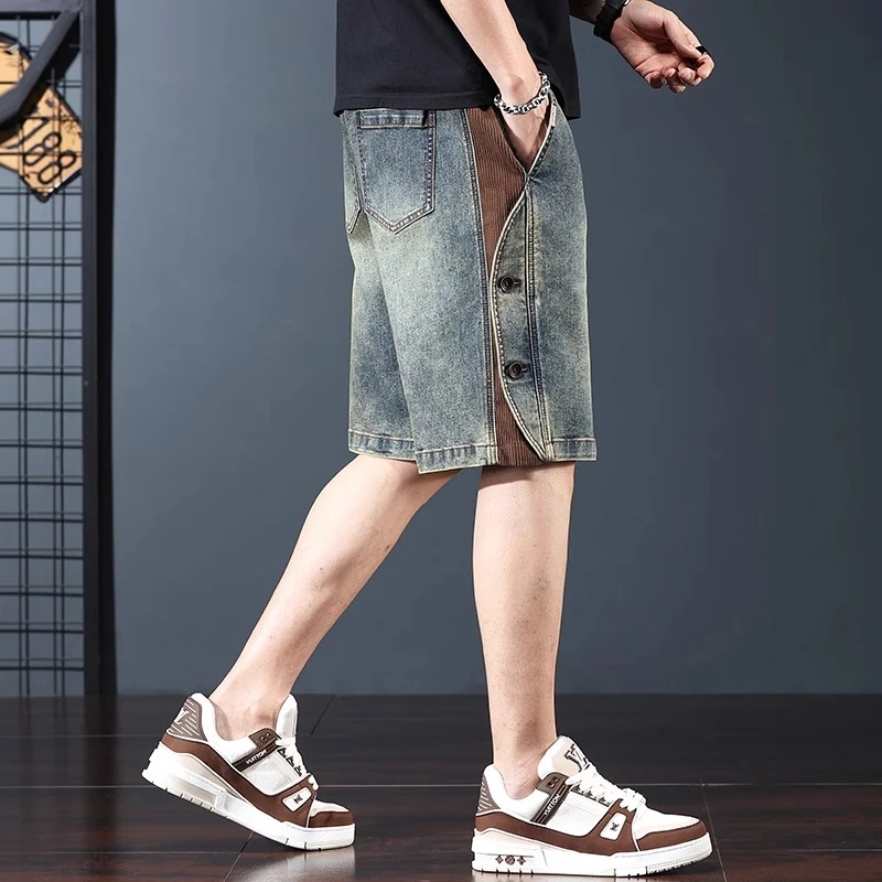 美式复古牛仔短裤男夏季新款透气宽松大码五分裤潮牌痞帅休闲中裤