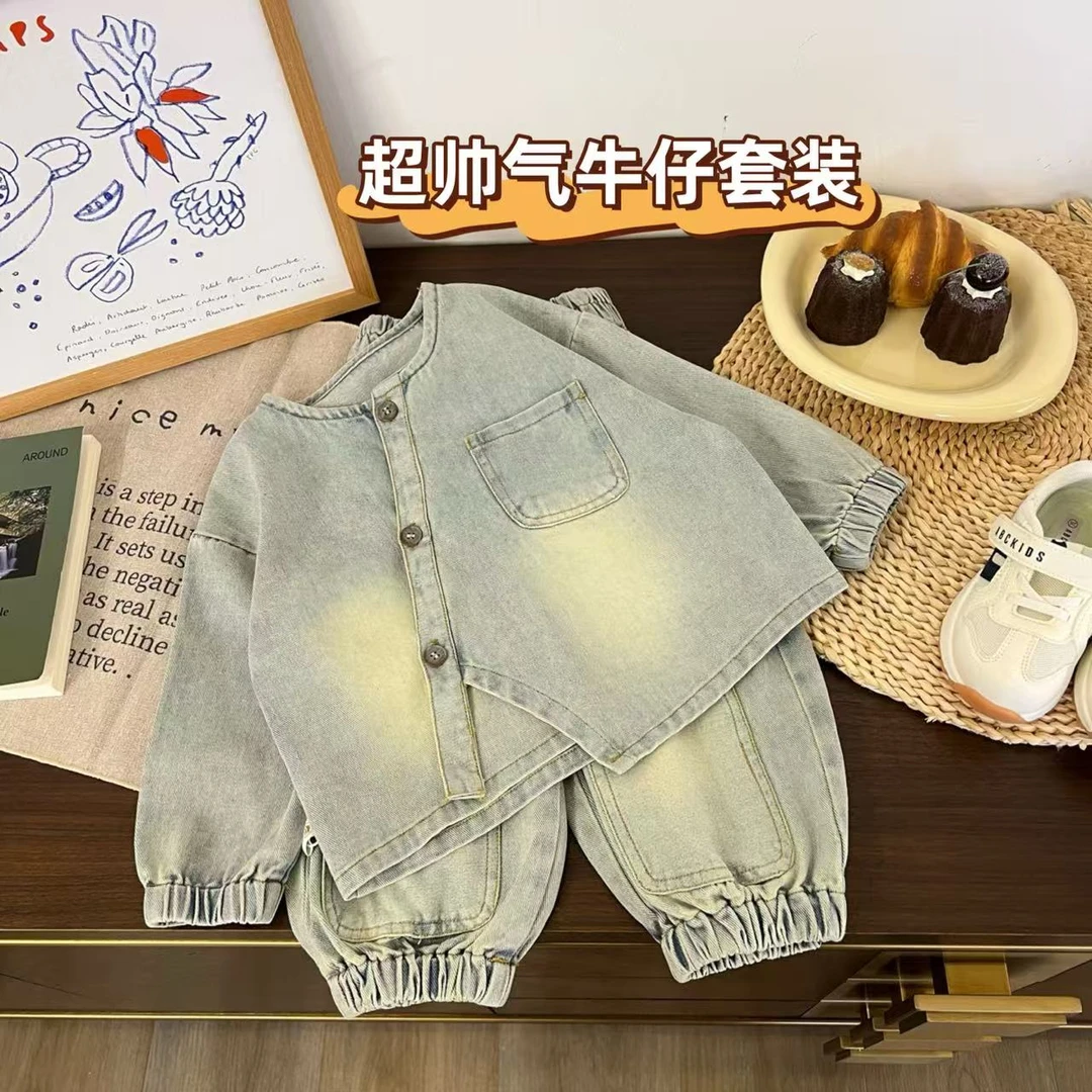 儿童春秋潮酷不规则牛仔外套破洞套装H1966