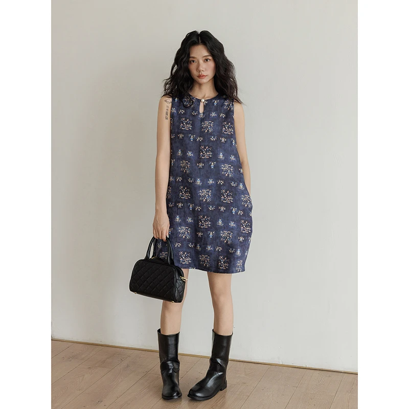 vastand维尚 复古印花小众无袖连衣裙夏季裙子高级感老钱风清冷系