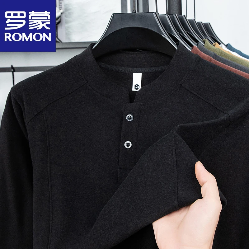 罗蒙双面加绒长袖t恤男士秋冬加厚保暖半高领卫衣男纯色打底衫