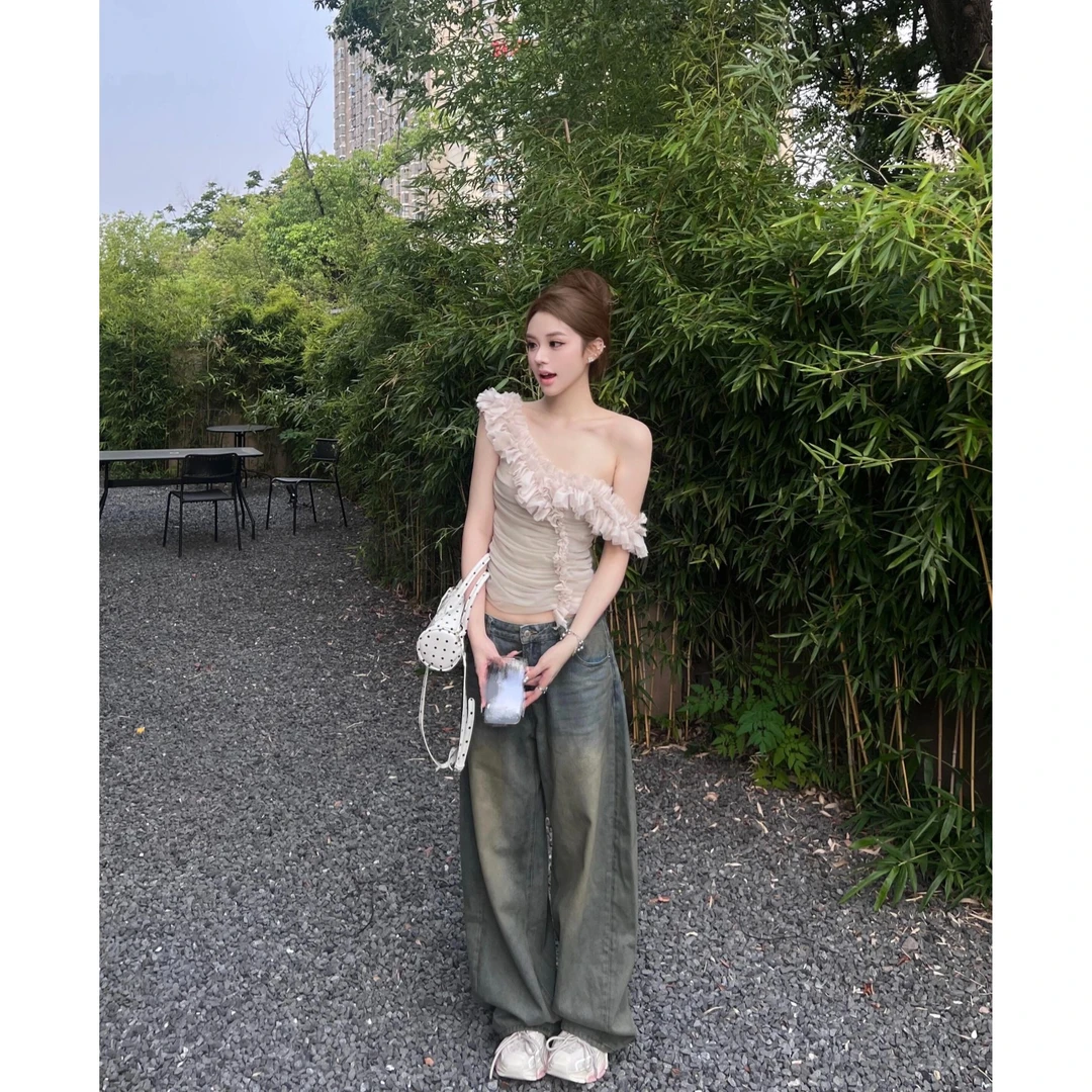 2025早秋新款纯欲不规则花边多穿法背心上衣搭高腰显瘦阔腿裤套装