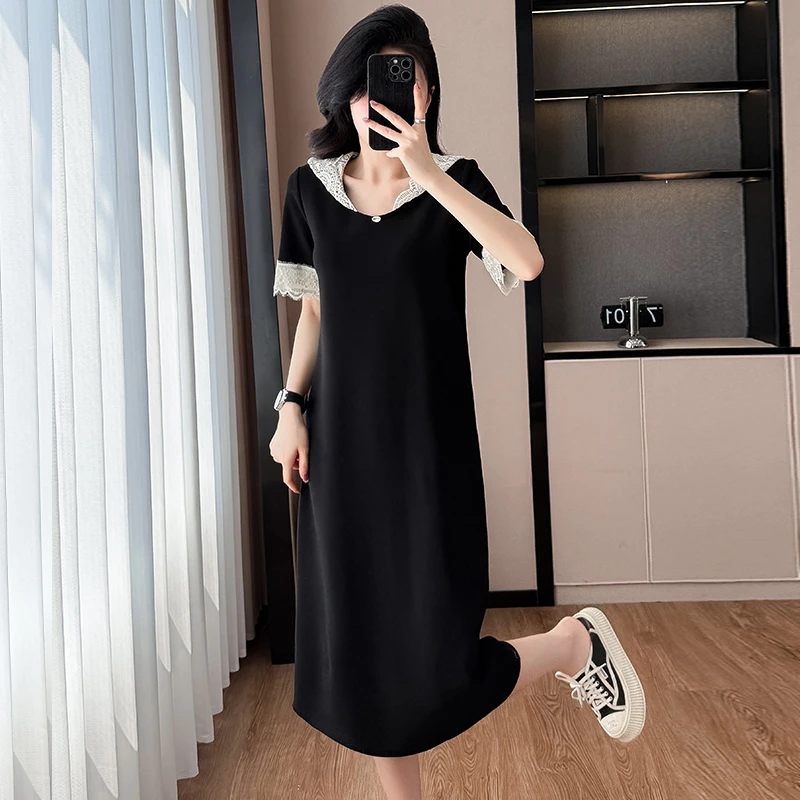 夏季V领连帽长裙H型裙蕾丝帽拼接连衣裙宽松大码夏装休闲裙子过膝