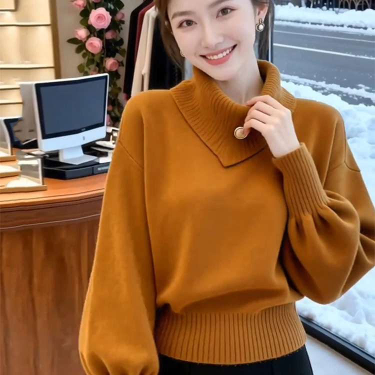 黄色不规则高领毛衣女秋冬季2025新款高级感气质巨好看短款针织衫