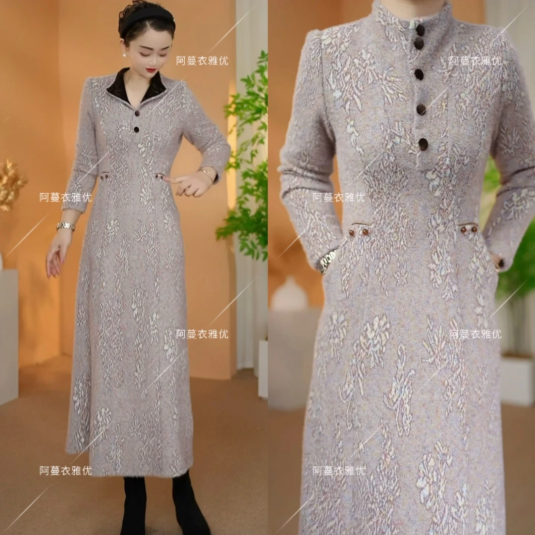 【衣雅严选】8100-2518#新款雪花绒立翻领两穿加厚保暖连衣裙