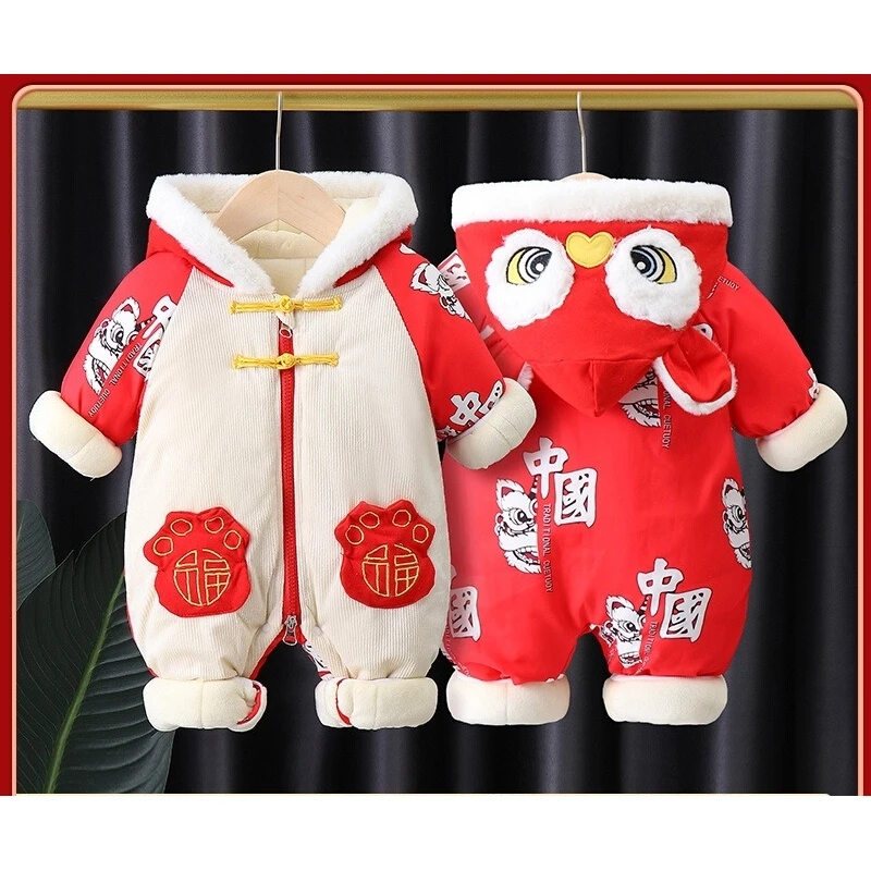 宝宝连体衣冬装婴儿拜年服冬季新中式婴幼儿夹棉加厚过年周岁外出