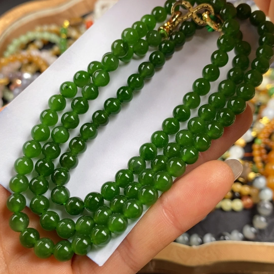 和田玉未镶嵌手串俄碧辣绿108颗6mm