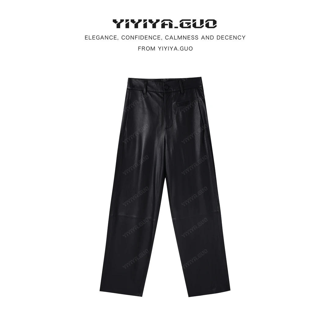 yiyiya.Guo艺艺吖秋冬新款时髦百搭光泽感奢雅直筒长皮裤2817SS52