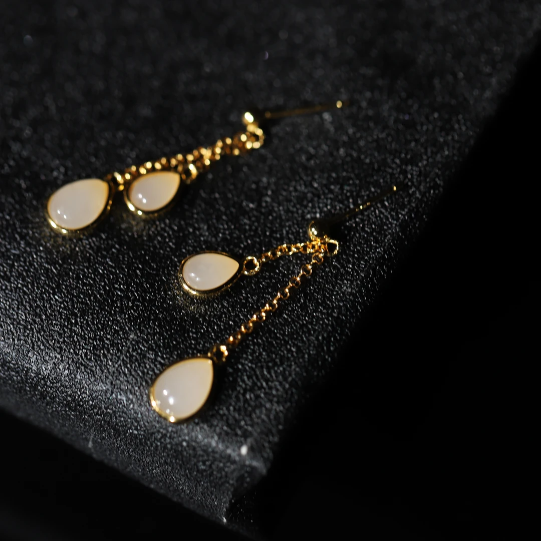 【小娟珠宝】和田玉水滴银镶耳坠 2671 -F026