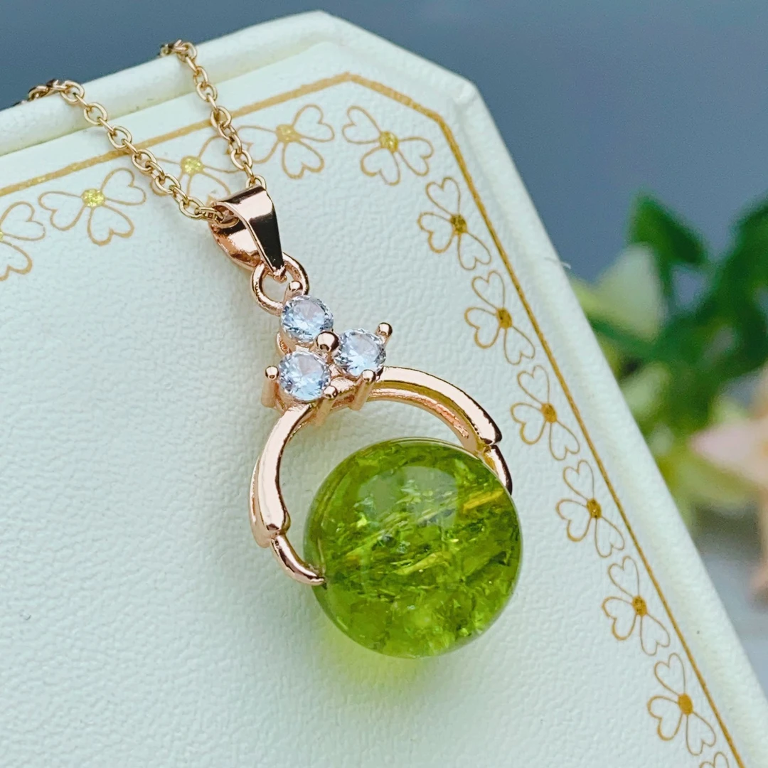 天然水晶12mm圆珠吊坠橄榄晶转运珠玫瑰金吊坠通勤百搭女款F869