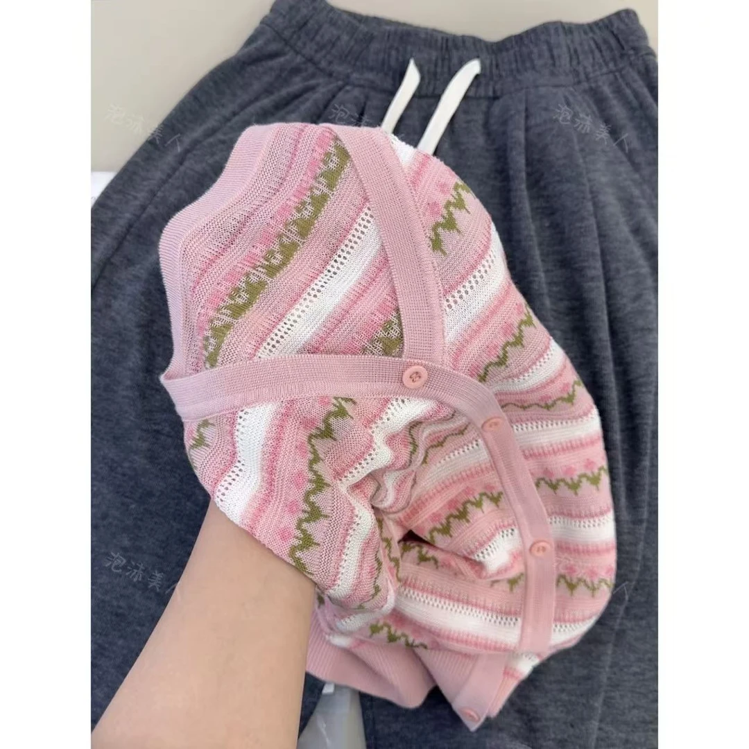 莱赛尔天丝条纹」V领显瘦提花短袖针织开衫女 25春夏新款