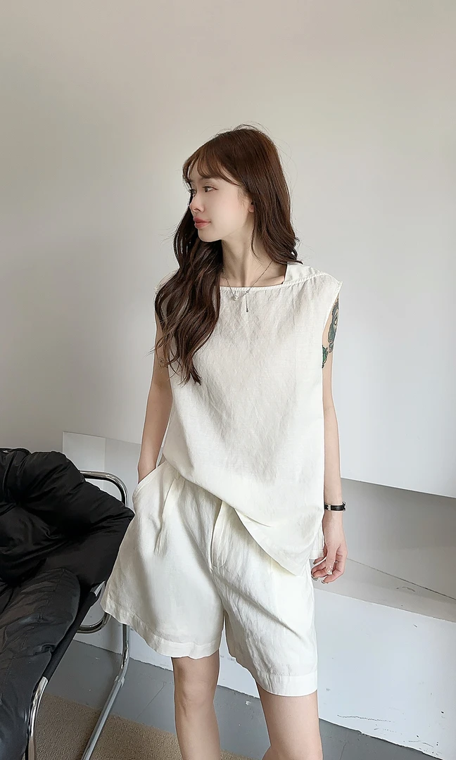 韩系极简高端定制舒爽夏季女士天丝汉麻无袖上衣短裤套装-DF002