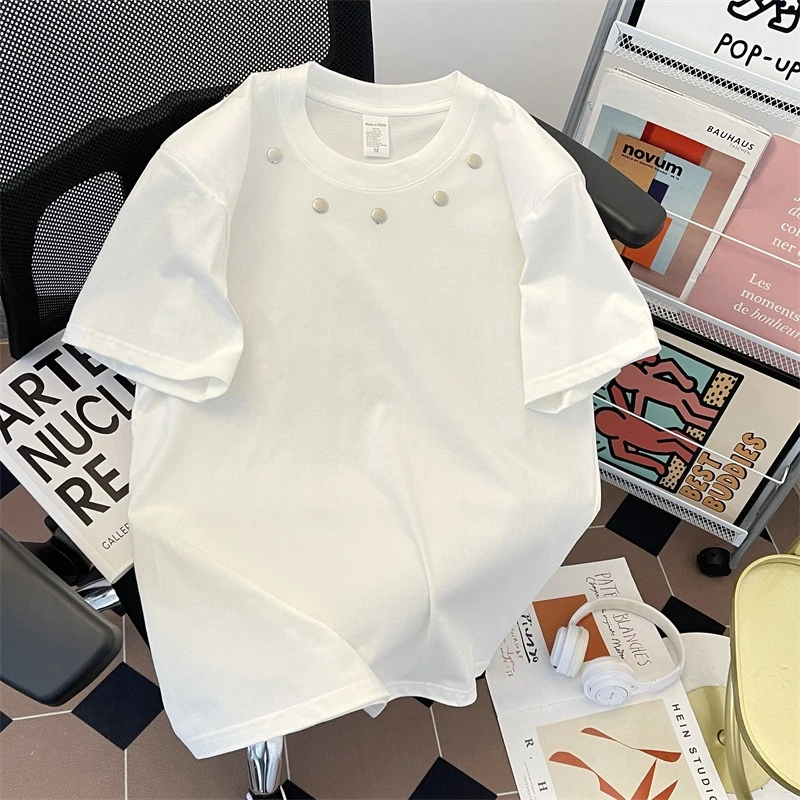 垫肩设计感铆钉短袖t恤男女日系cleanfit休闲圆领纯棉半袖上衣服