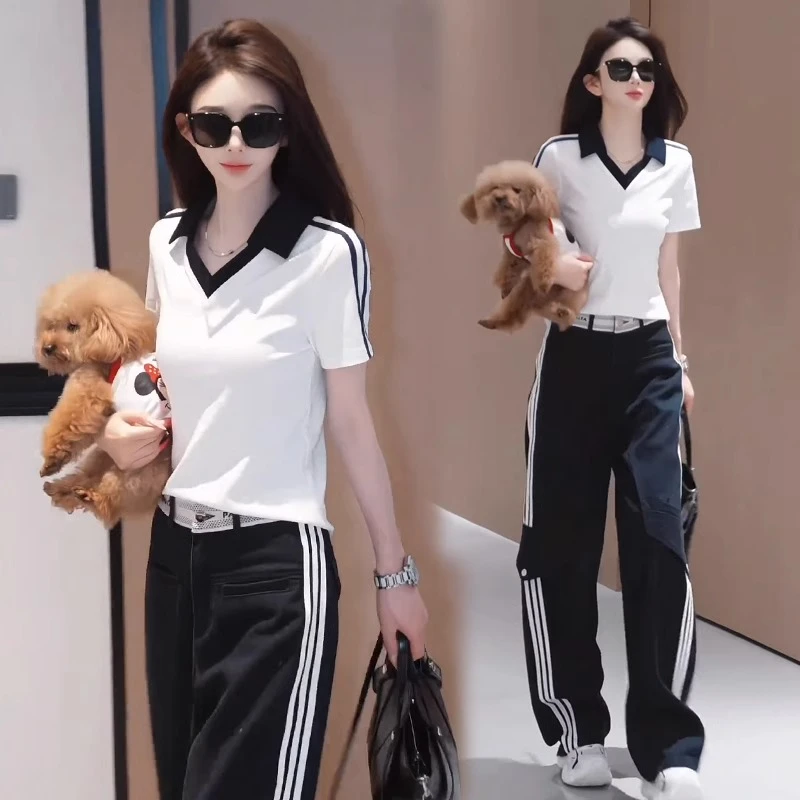 时尚套装女2025夏季新款时髦洋气短袖T恤工装阔腿裤气质两件套潮