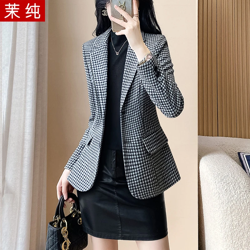 西装外套女2026新款黑白色千鸟格长袖西服时尚洋气高级感休闲上衣