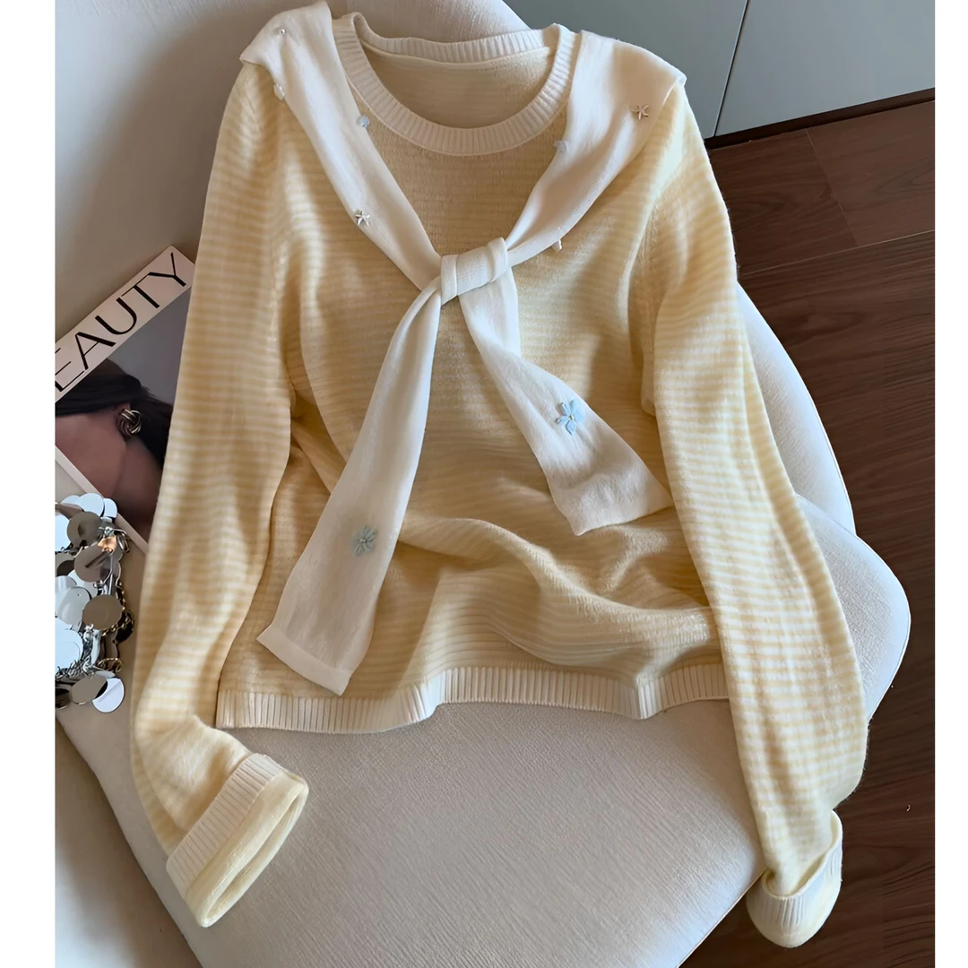 韩系披肩刺绣黄色条纹针织衫女2025年秋季新款温柔风气质减龄毛衣