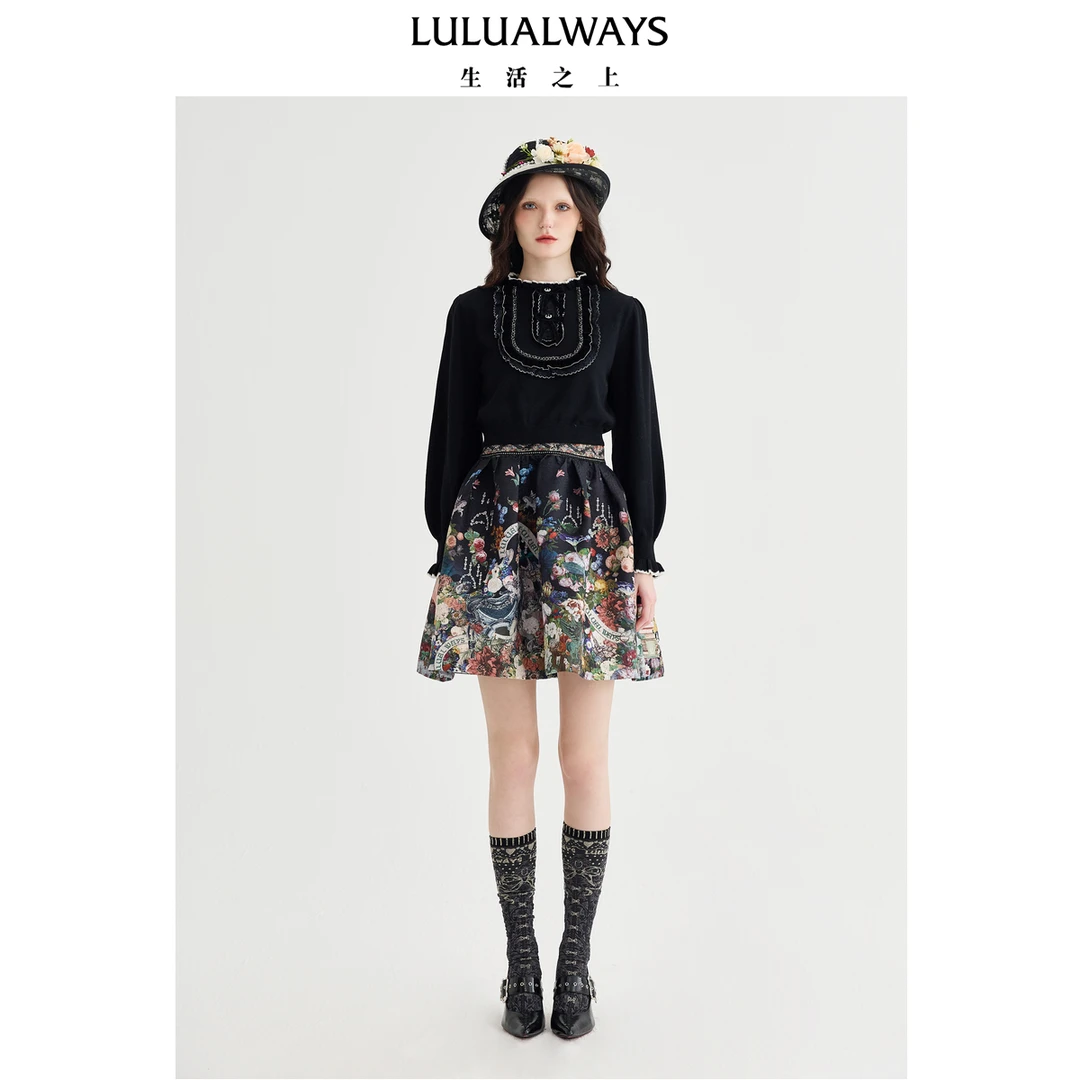 LULUALWAYS【商场同款】25春季新款温柔浪漫花稿针织拼接连衣裙女