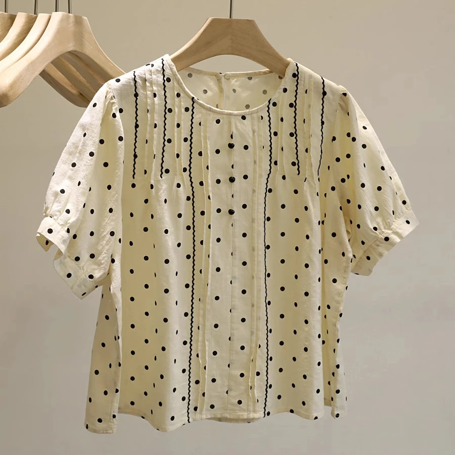 韩版复古波点花边泡泡袖女大码衬衫洋气显瘦娃娃衫短袖夏季新百搭