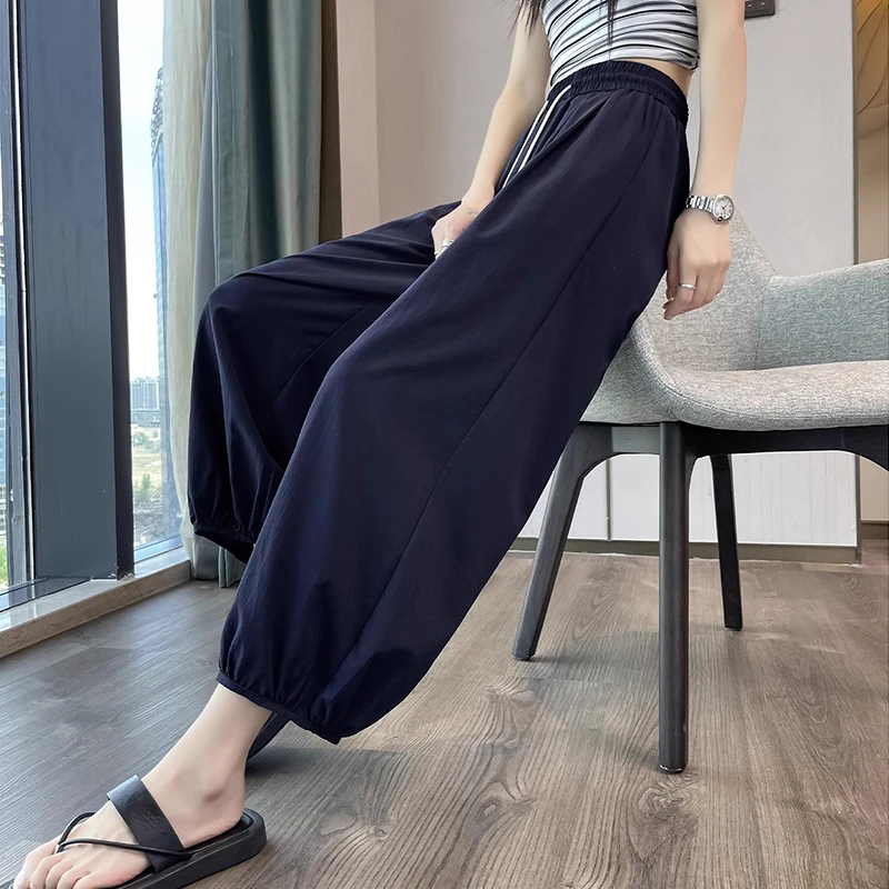 冰丝速干阔腿裤女夏季薄款2025新款九分高腰显瘦小个子直筒灯笼裤