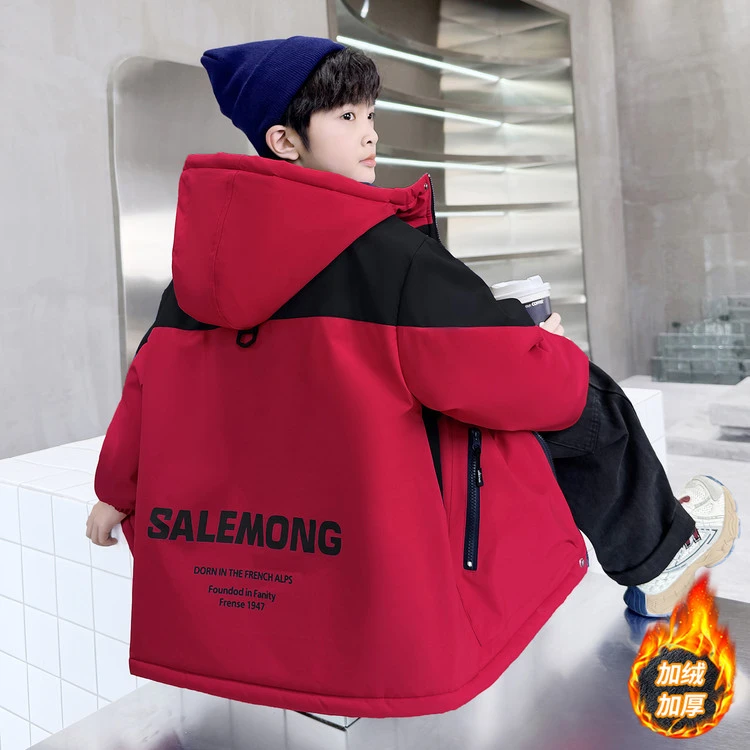男童冬装加绒外套儿童装冲锋衣棉衣加厚风衣派克服中大童冬季棉服