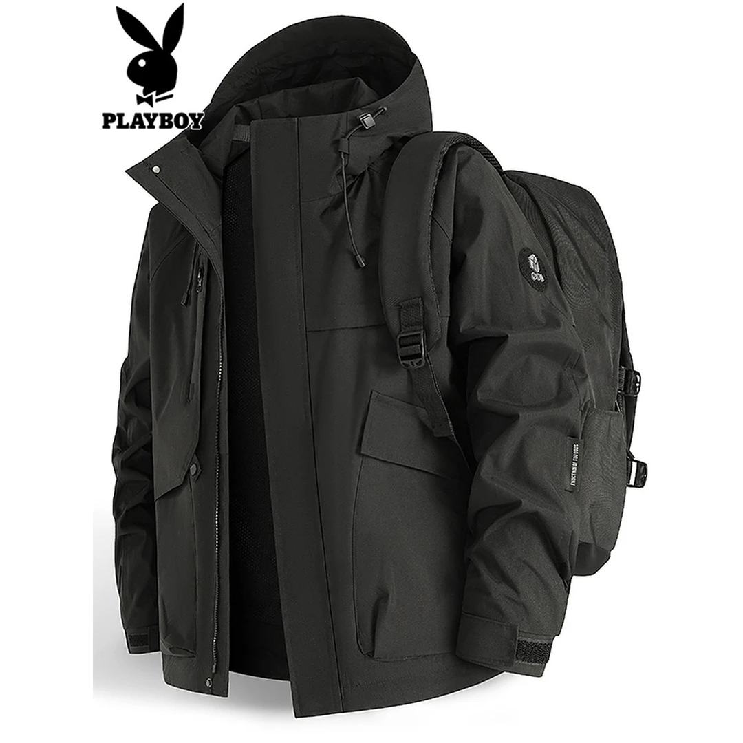 花花公子冬季冲锋衣男士新款户外防水宽松连帽工装夹克外套男春秋
