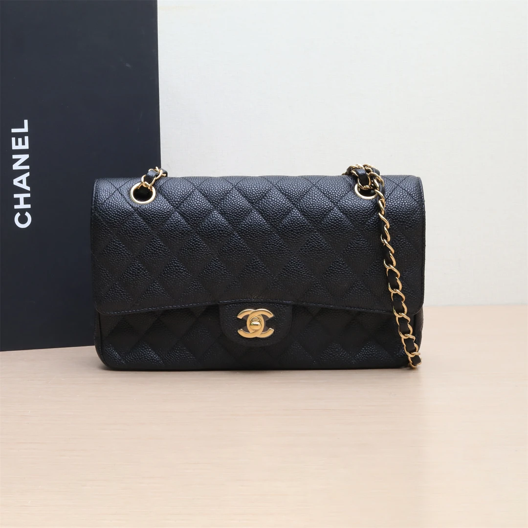 95新 Chanel/香奈儿 【黑黑】CF 经典款 口盖包 中号 黑色 28开