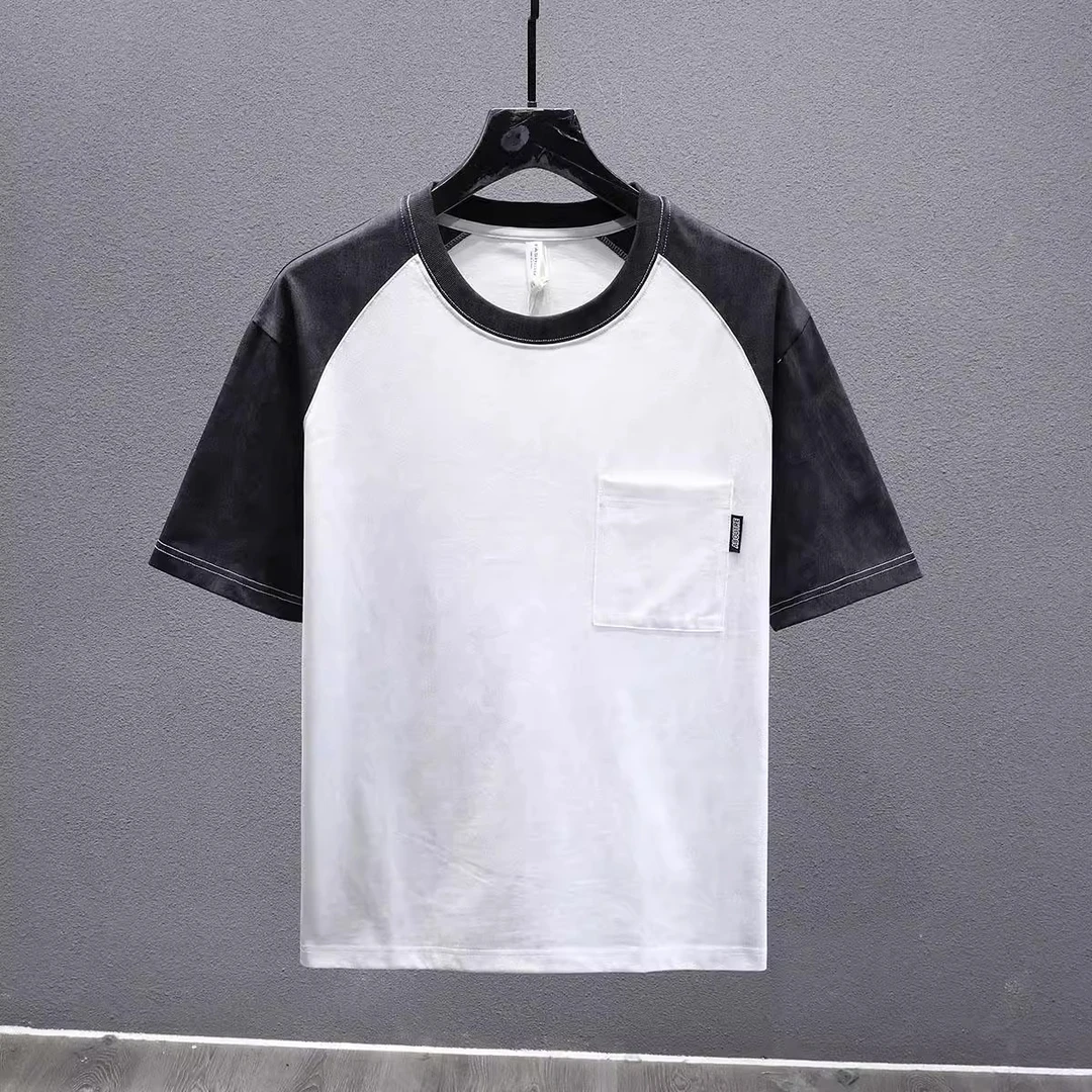 Cebrodz夏季纯棉美式撞色拼接插肩短袖t恤男宽松ins男士半袖体恤