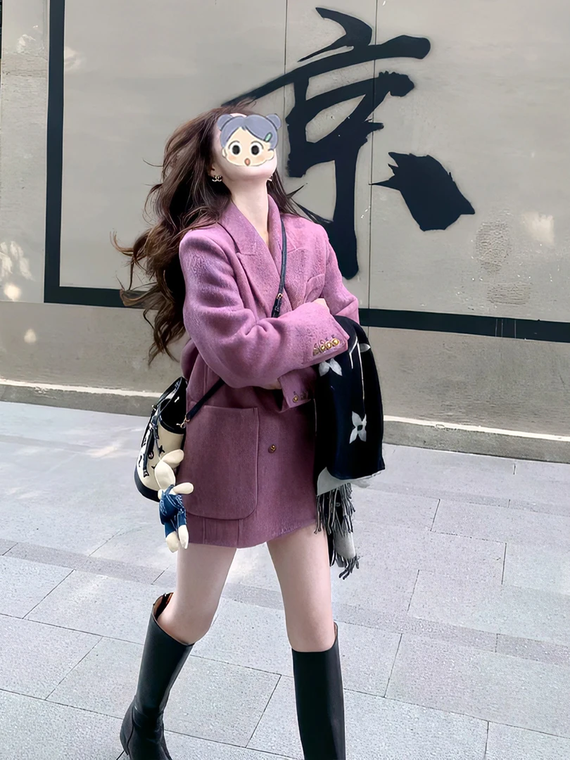 法式高级感通勤气质紫色西装毛呢外套女冬季新款廓形双排扣西服潮