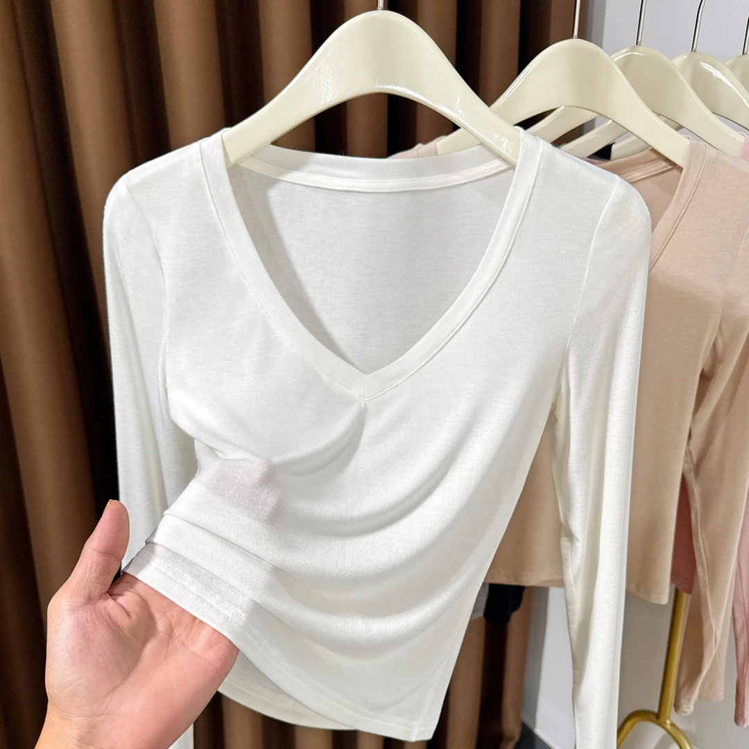 莫代尔针织长袖时尚内搭短款秋冬T恤薄款V领低胸设计感上衣打底衫