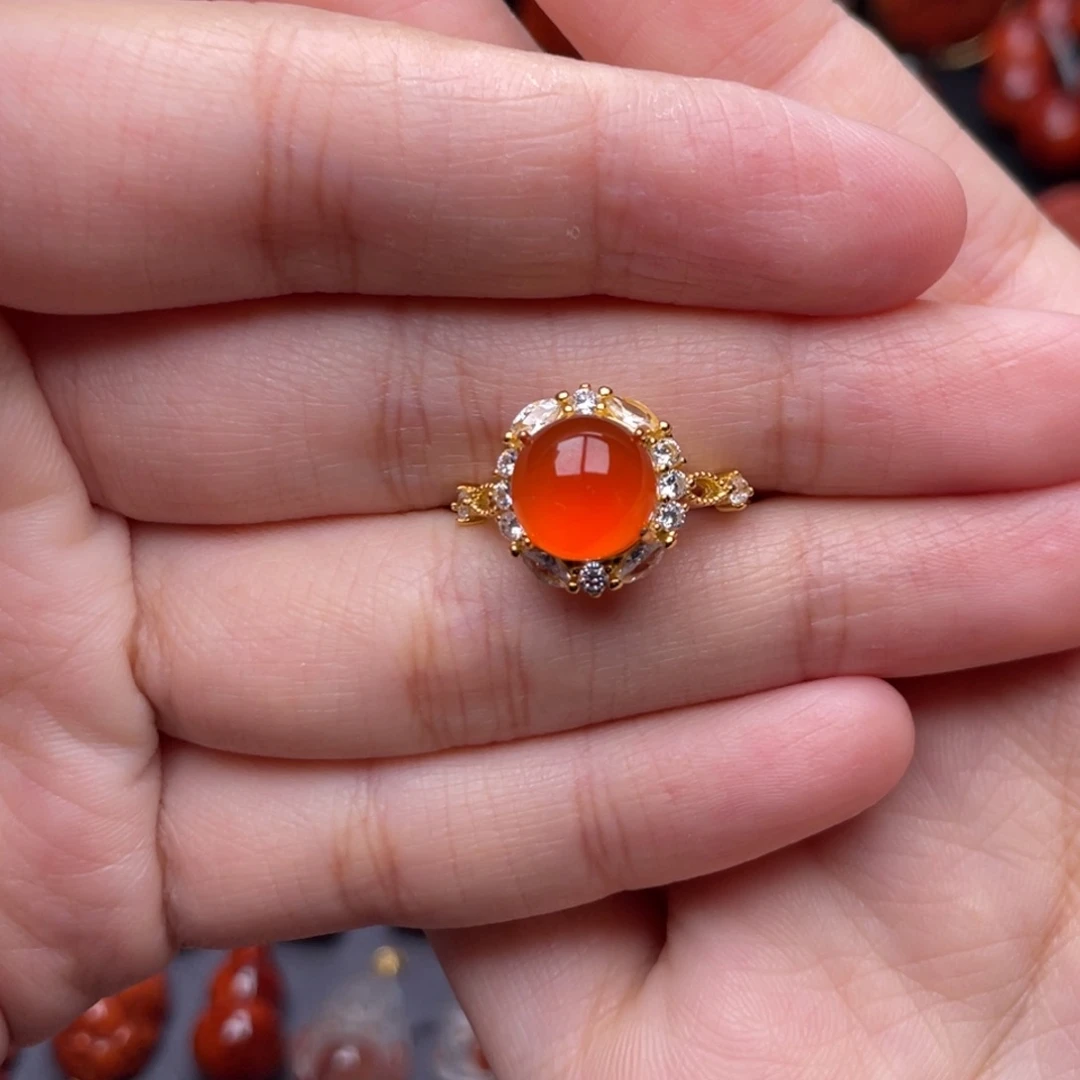 南红玛瑙银S925镶嵌珠宝奇石女戒