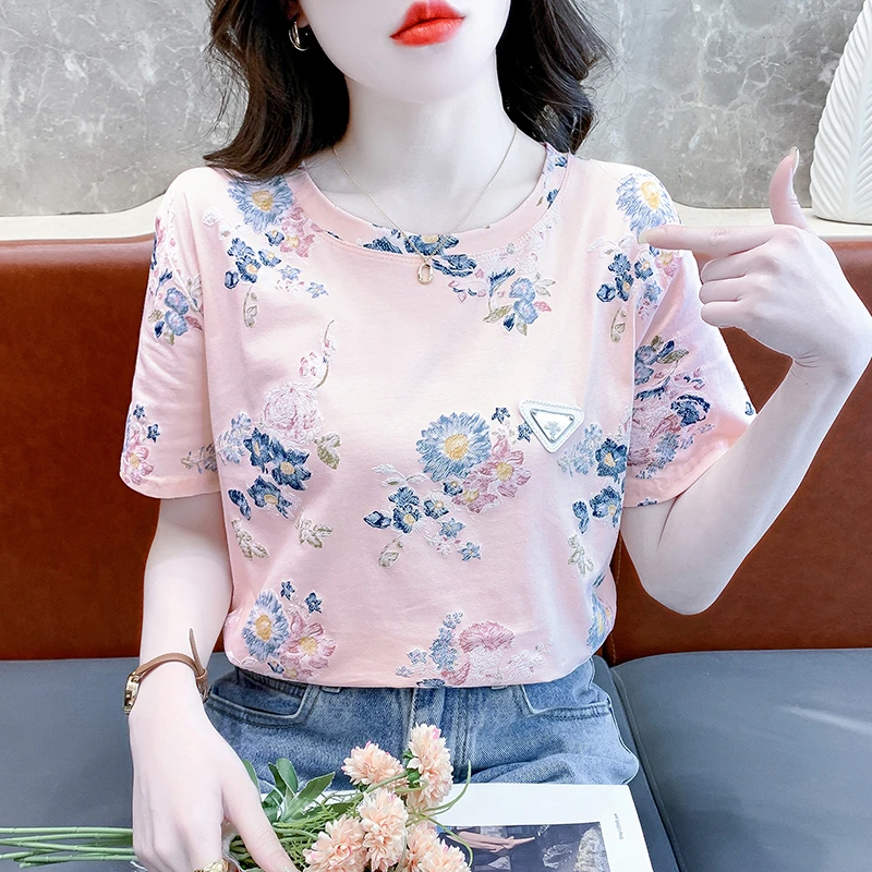时尚爆款上衣设计感小众女印花短袖女装夏季宽松精梳棉减龄体恤衫