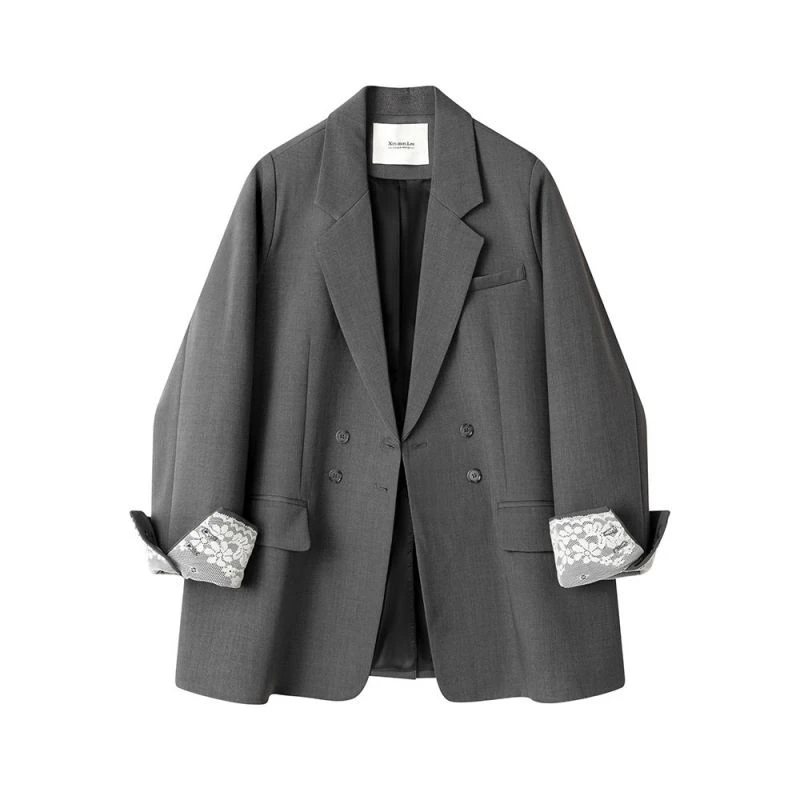 高级感蕾丝袖口拼接宽松百搭韩系复古双排扣西装外套春清新