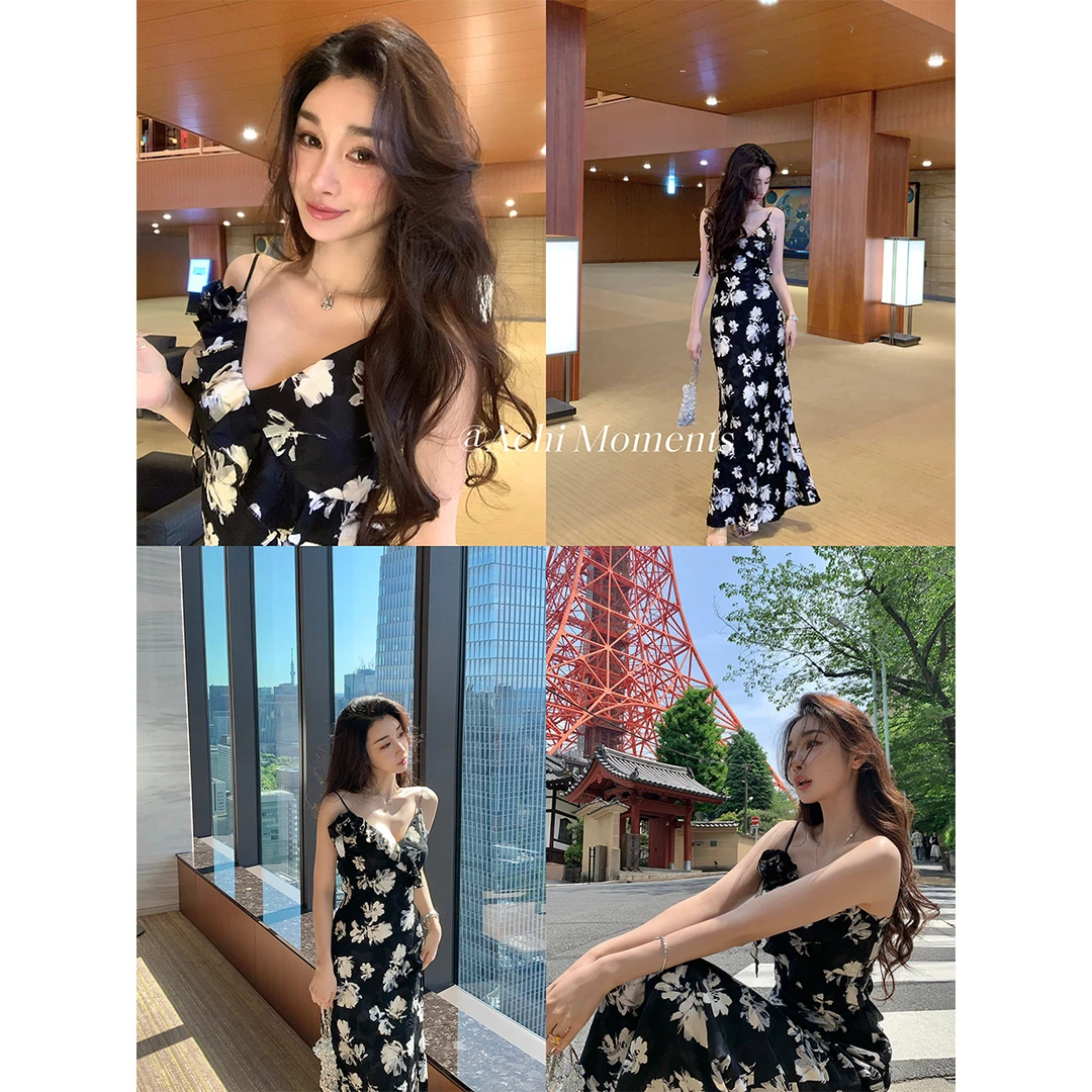 ACHI大也池◆弥香~v领碎花雪纺吊带连衣裙女