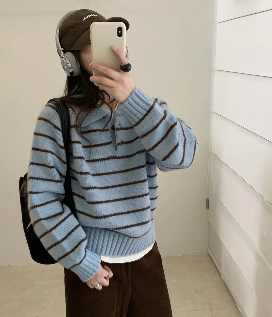 针织女厚款POLO领翻领长袖条纹毛针织衫宽松女装秋冬季慵懒风